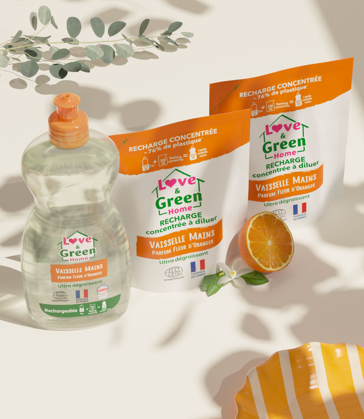 Pack: een geurende vaatwasvloeistof + 2 geconcentreerde gecertificeerde eco -deprecerende vullingen