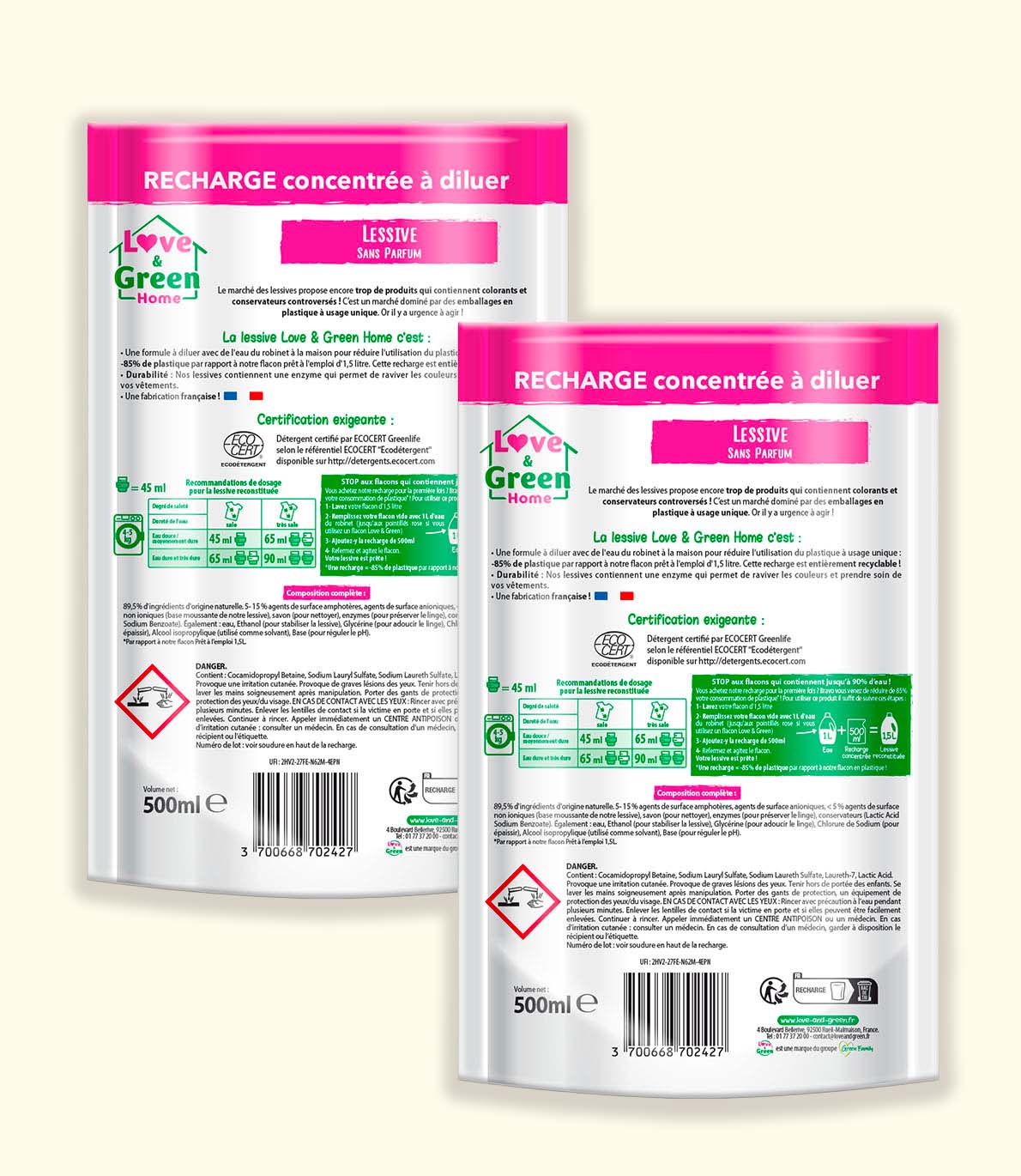 Pack mit 2 Wäscherei -freier Wäscherei -Aufladung zertifizierter ecodétergentent