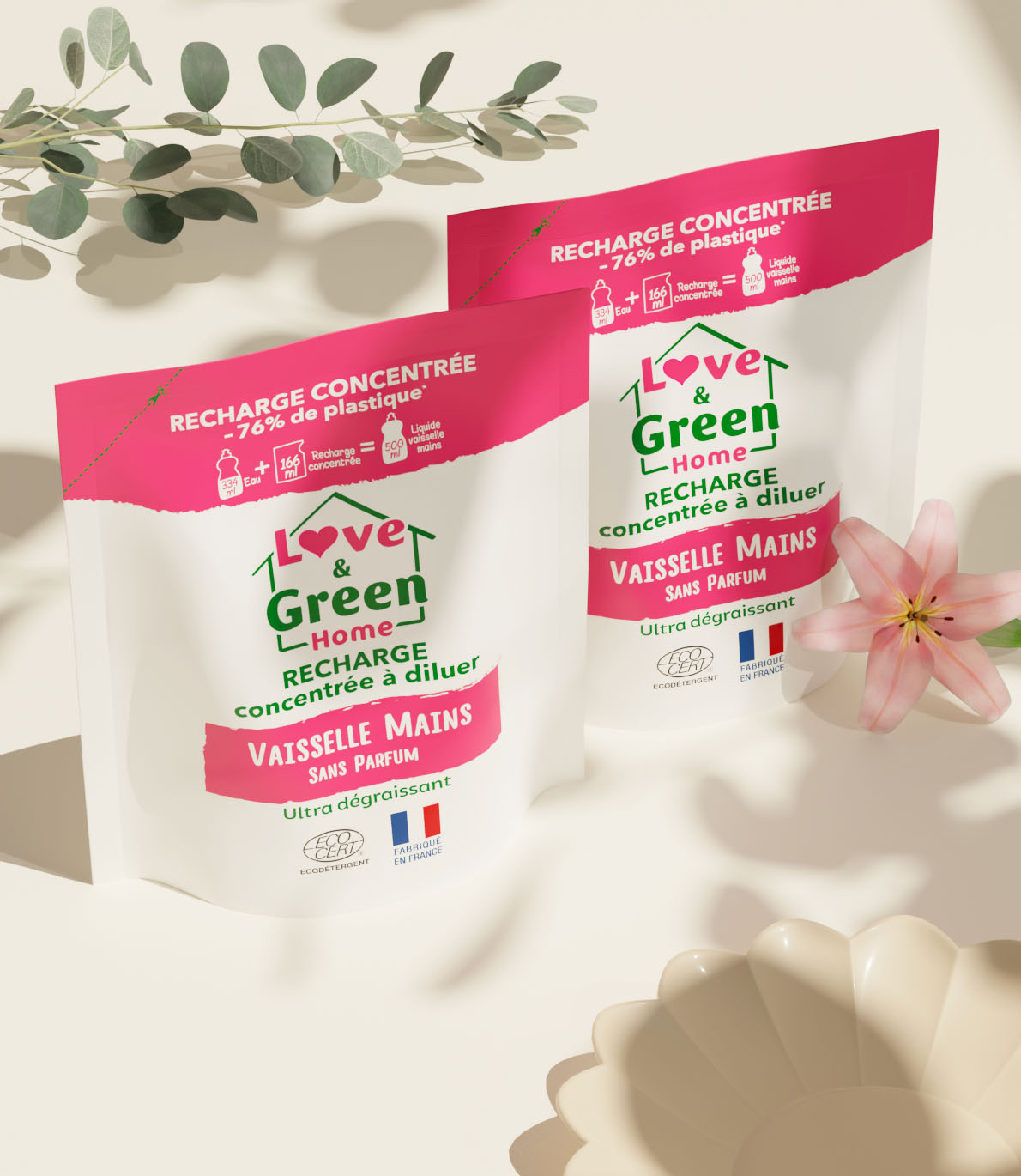 Pack de 2 recharges liquide vaisselle sans parfum certifiées écodétergent