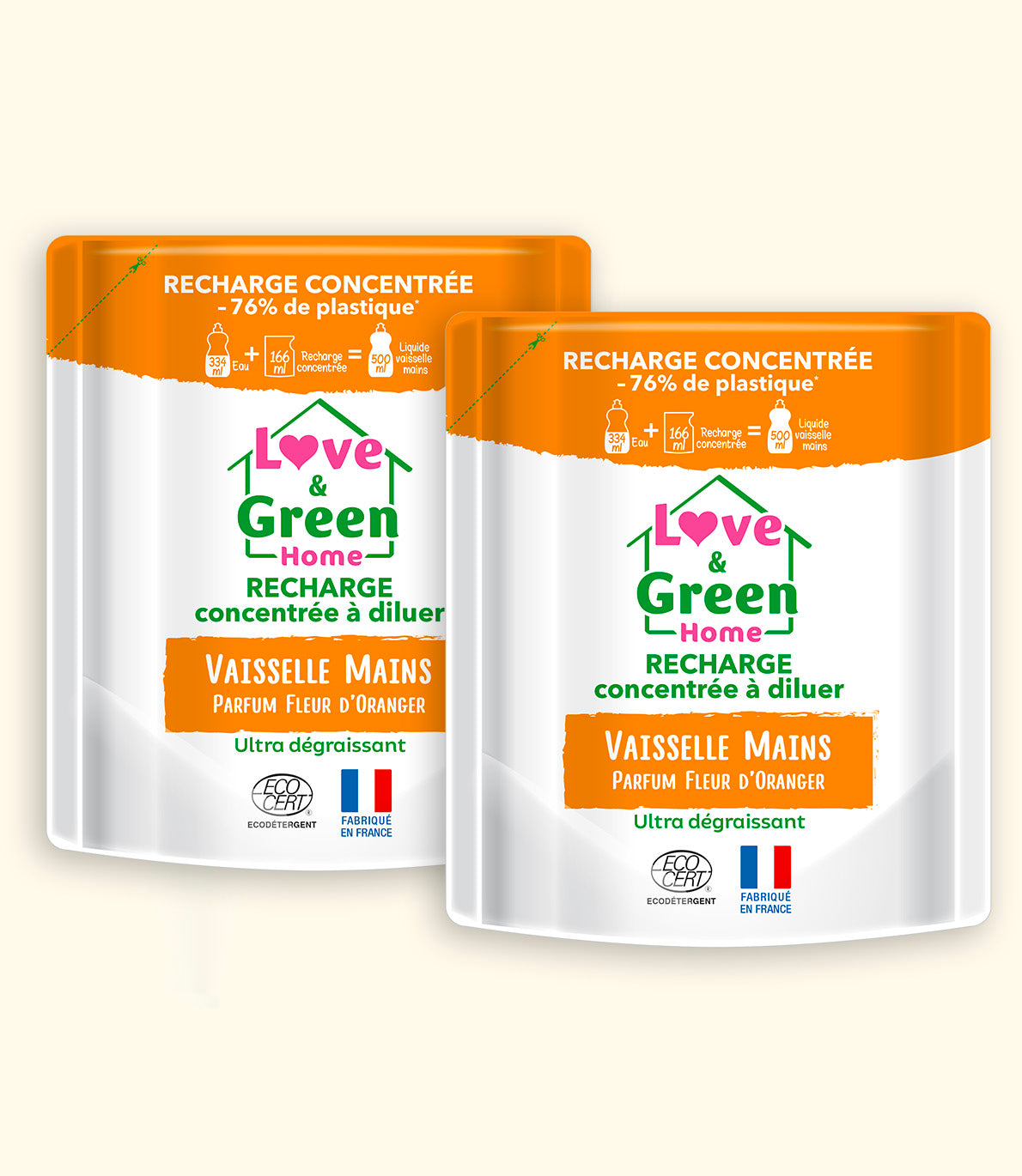 Pack de 2 recharges liquide vaisselle fleur d'oranger certifiées écodétergent