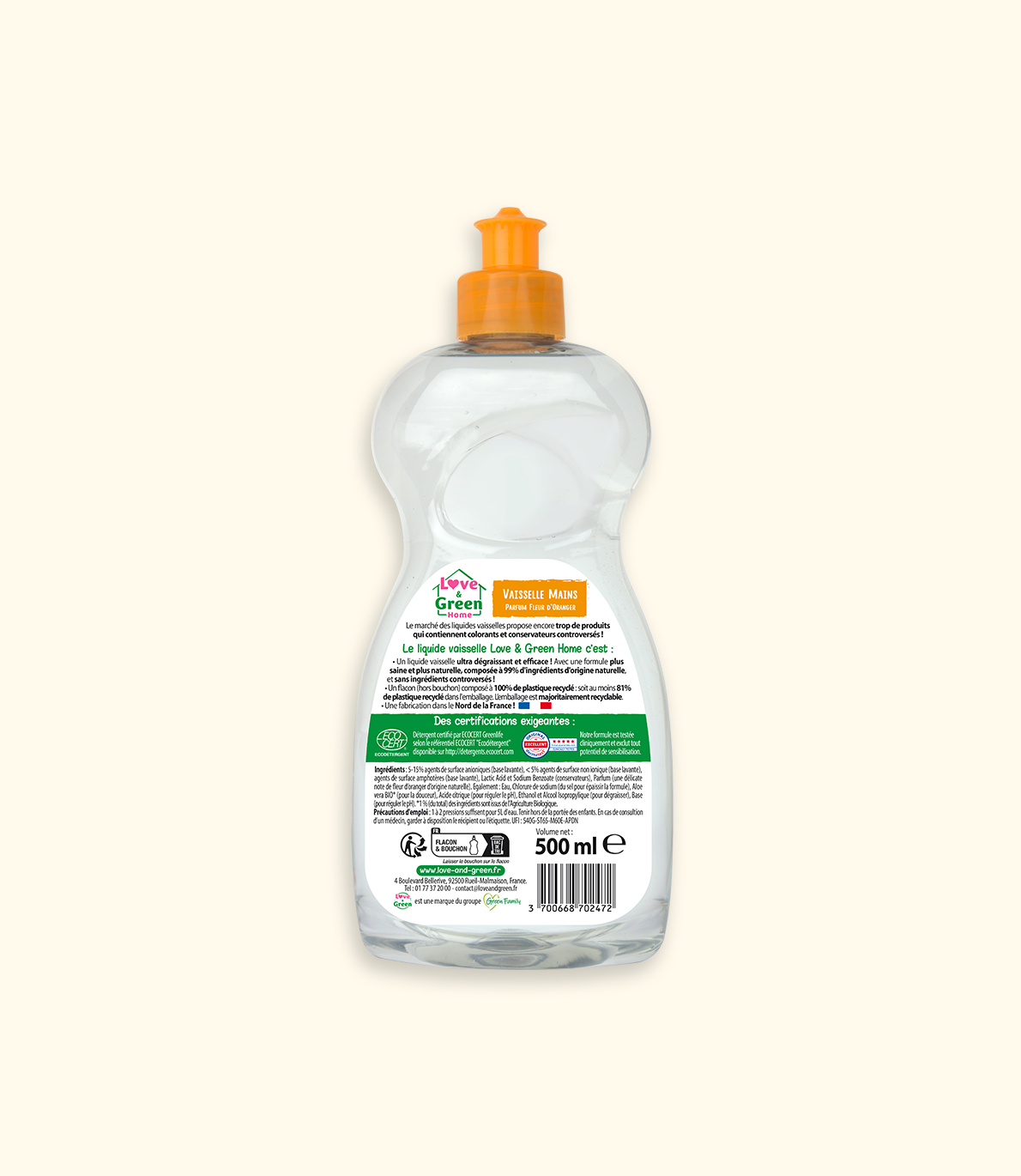 Eco-detergent certified hand dishwashing, Ultra-Degreaser orange blossom scent - 500ml