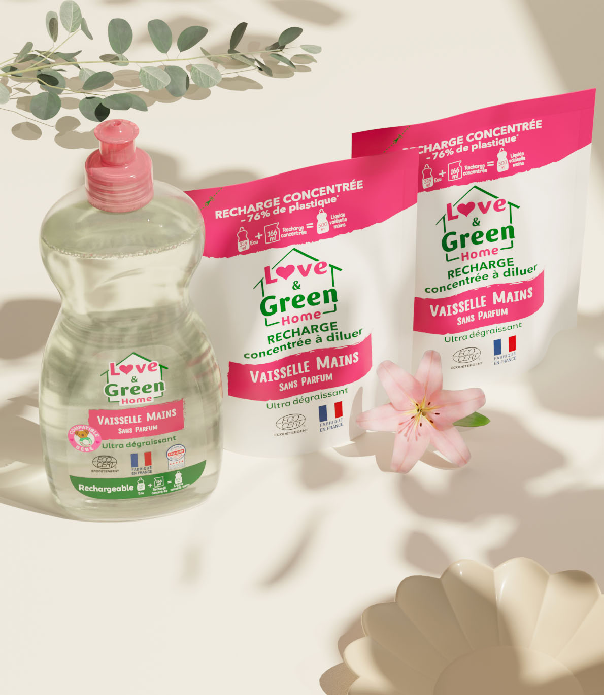 Pack: een parfum -vrij afwasmiddel vloeistof + 2 eco -depressieve geconcentreerde opladen