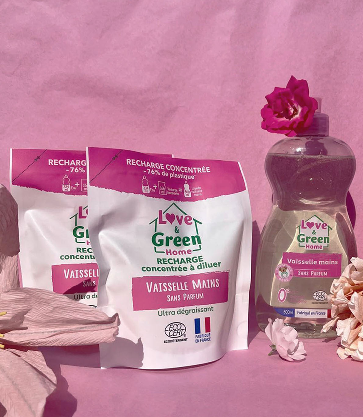 Pack : Un liquide vaisselle sans parfum + 2 recharges concentrées certifiés écodétergent