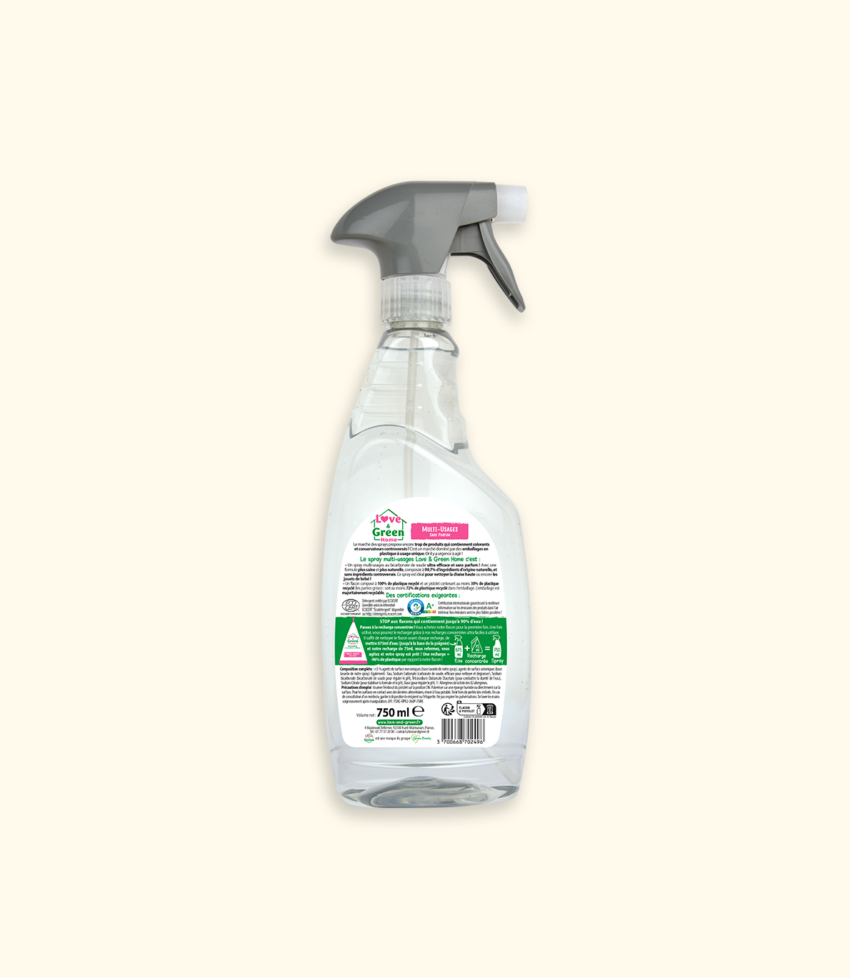 Gecertificeerde multi -gebruik Ecodétergent Cleanser zonder parfum - 750 ml