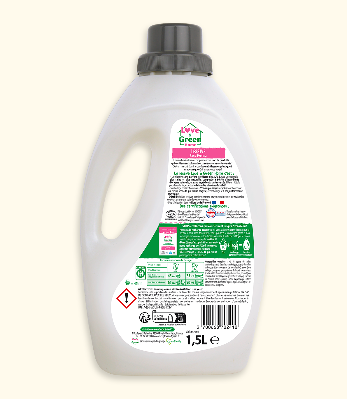 Ecodétergent gecertificeerde wasserette zonder parfum - 1,5 l