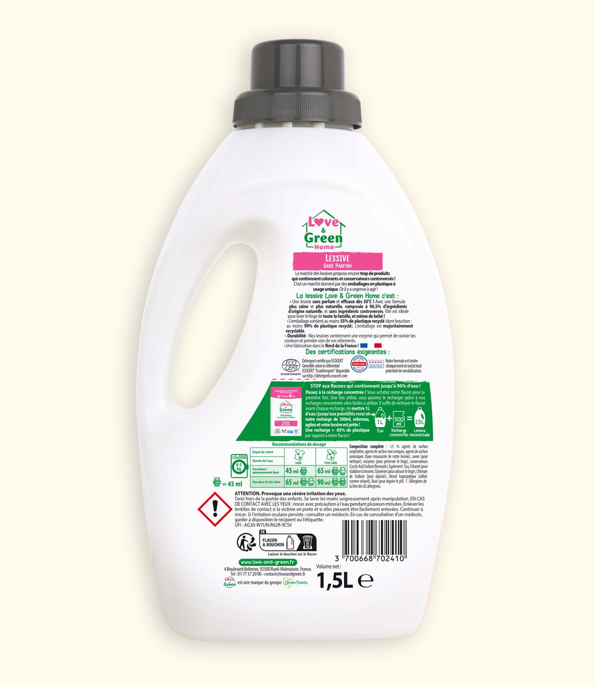 Lessive certifiée Ecodétergent sans Parfum - 1,5 L