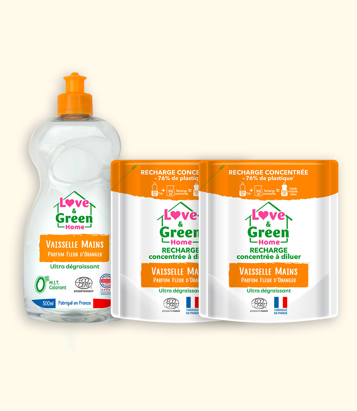 Pack : un liquide vaisselle parfumé + 2 recharges concentrées certifiés écodétergent