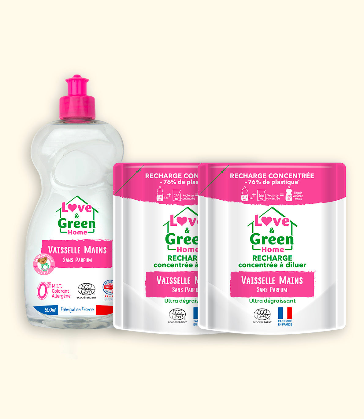 Pack : Un liquide vaisselle sans parfum + 2 recharges concentrées certifiés écodétergent
